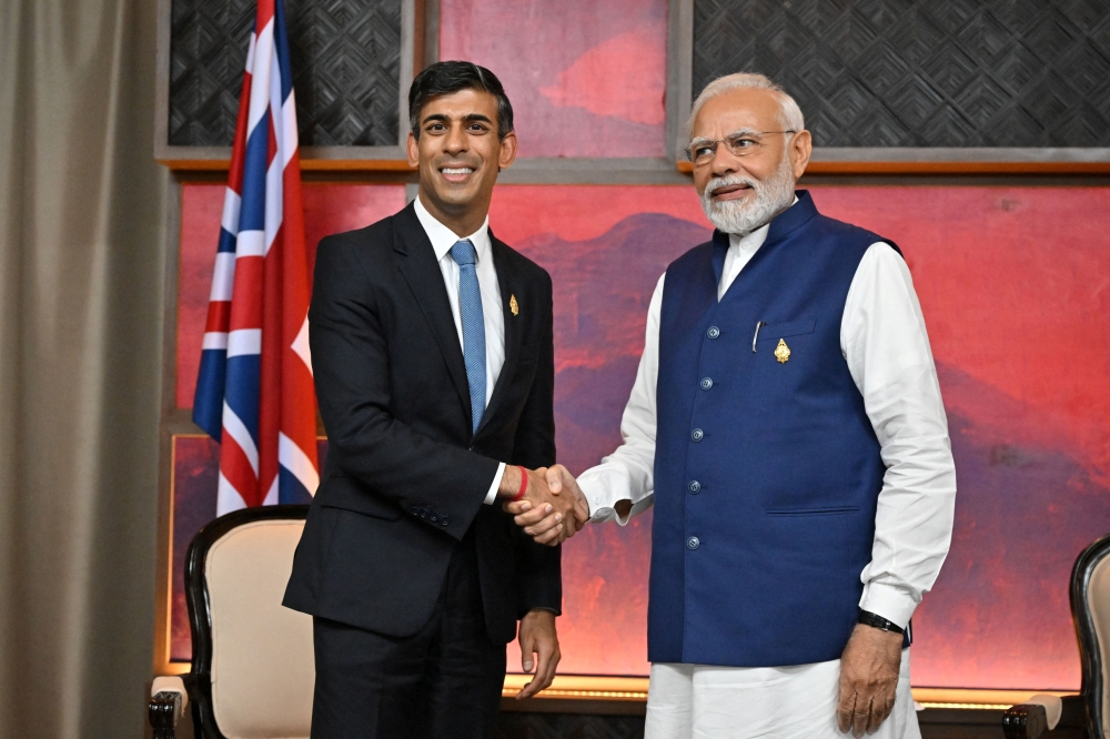 British Prime Minister Rishi Sunak and India's Prime Minister Narendra Modi hold a bilateral meeting on November 16, 2022 in Nusa Dua, Indonesia.