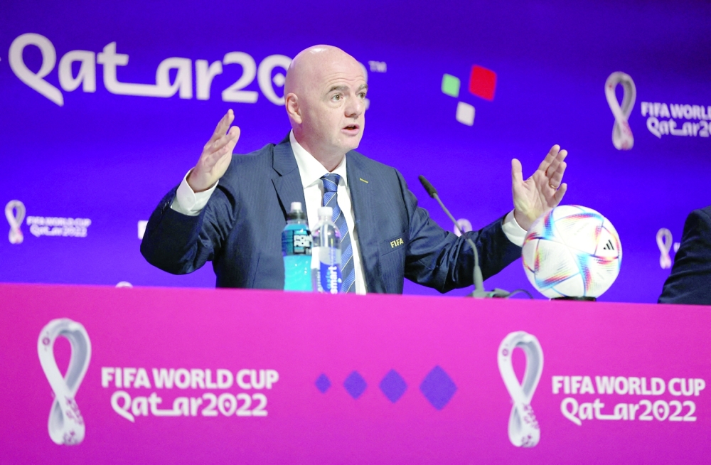 Soccer Football - FIFA World Cup Qatar 2022 - FIFA President Press Conference - Main Media Center, Doha, Qatar - November 19, 2022 FIFA president Gianni Infantino during a press conference REUTERS/Matthew Childs

