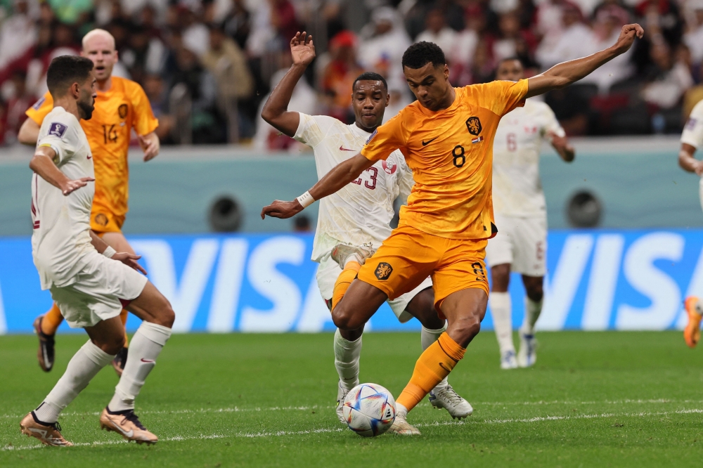 Netherlands' forward #08 Cody Gakpo (R)  scores the opening goal during the Qatar 2022 World Cup Group A football match between the Netherlands and Qatar at the Al-Bayt Stadium in Al Khor, north of Doha on November 29, 2022. (Photo by KARIM JAAFAR / AFP)

