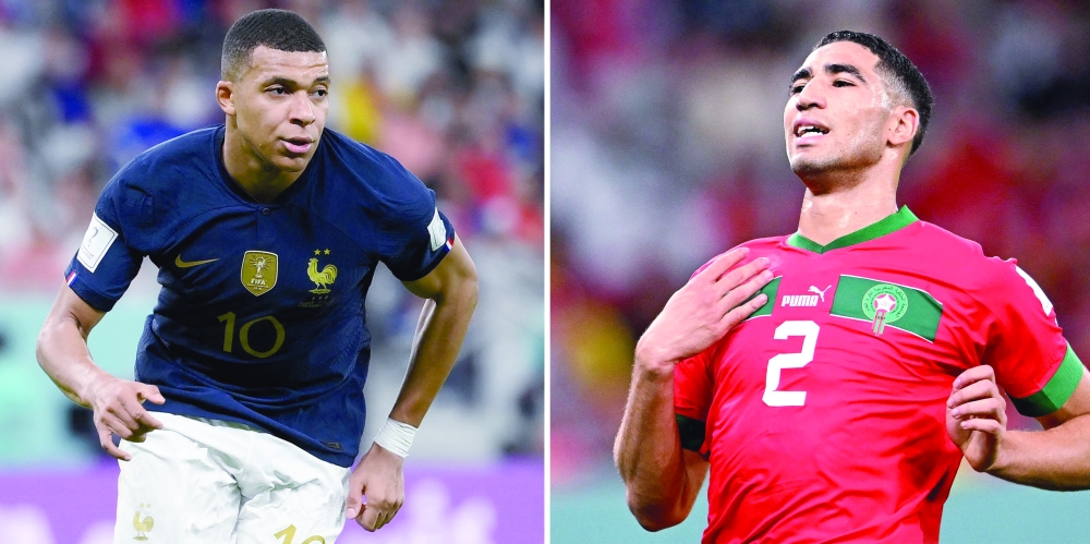 This combination picture made on December 12, 2022 shows France's forward Kylian Mbappe Morocco's defender Achraf Hakimi in Doha on December 6, 2022 and  during the Qatar 2022 World Cup football tournament. France will play Morocco in the Qatar 2022 World Cup football semi-final match in Doha on December 14, 2022.

 (Photo by Kirill KUDRYAVTSEV and Franck FIFE / AFP)

