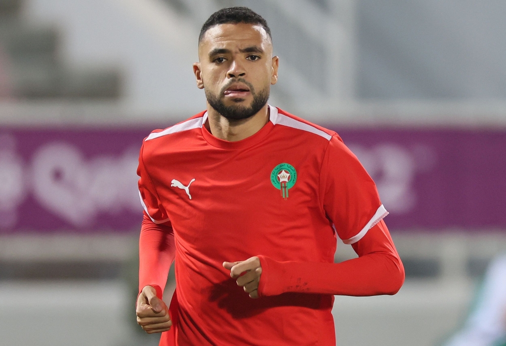 Morocco's forward Youssef En-Nesyri takes part in a training session at the Al Duhail SC Stadium in Doha on December 13 2022, on the eve of the Qatar 2022 World Cup football semi-final match between France and Morocco. (Photo by KARIM JAAFAR / AFP)

