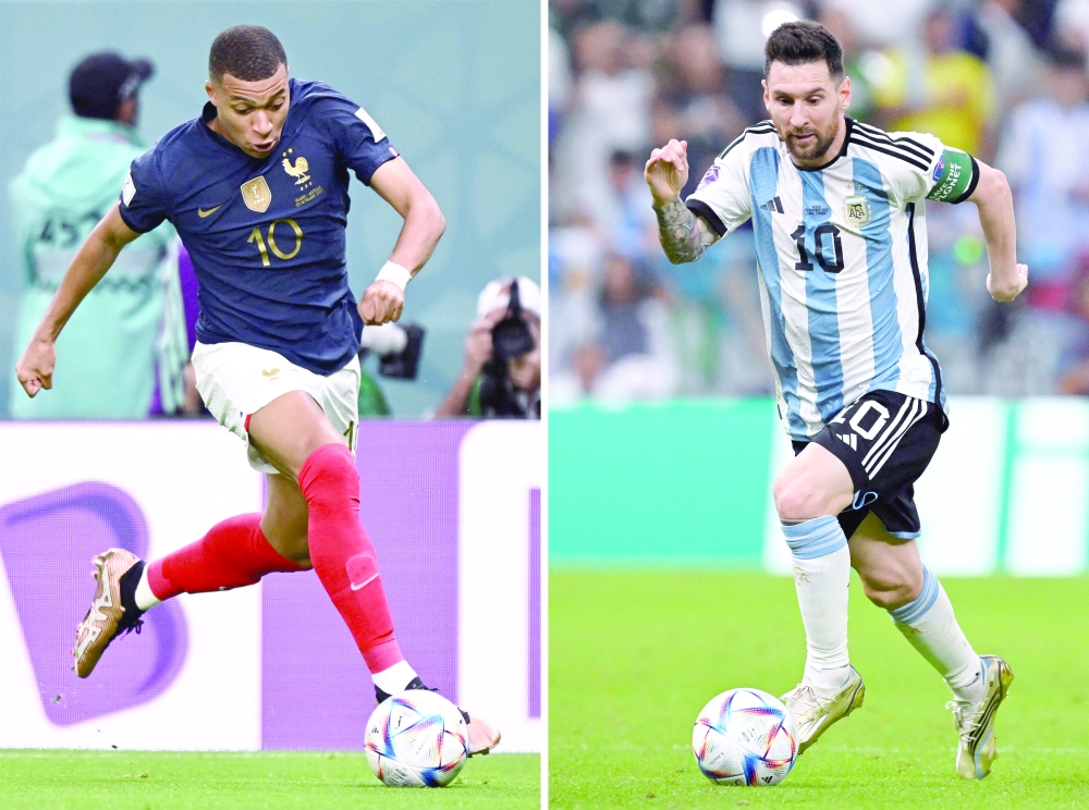 (COMBO) This combination of file photos created on December 16, 2022, shows France's forward #10 Kylian Mbappe (L) in Al-Wakrah, south of Doha on November 22, 2022; and Argentina's forward #10 Lionel Messi in Lusail, north of Doha on November 26, 2022. Argentina will play France in the Qatar 2022 World Cup football final match in Doha on December 18, 2022. (Photo by Jewel SAMAD and Alfredo ESTRELLA / AFP)

