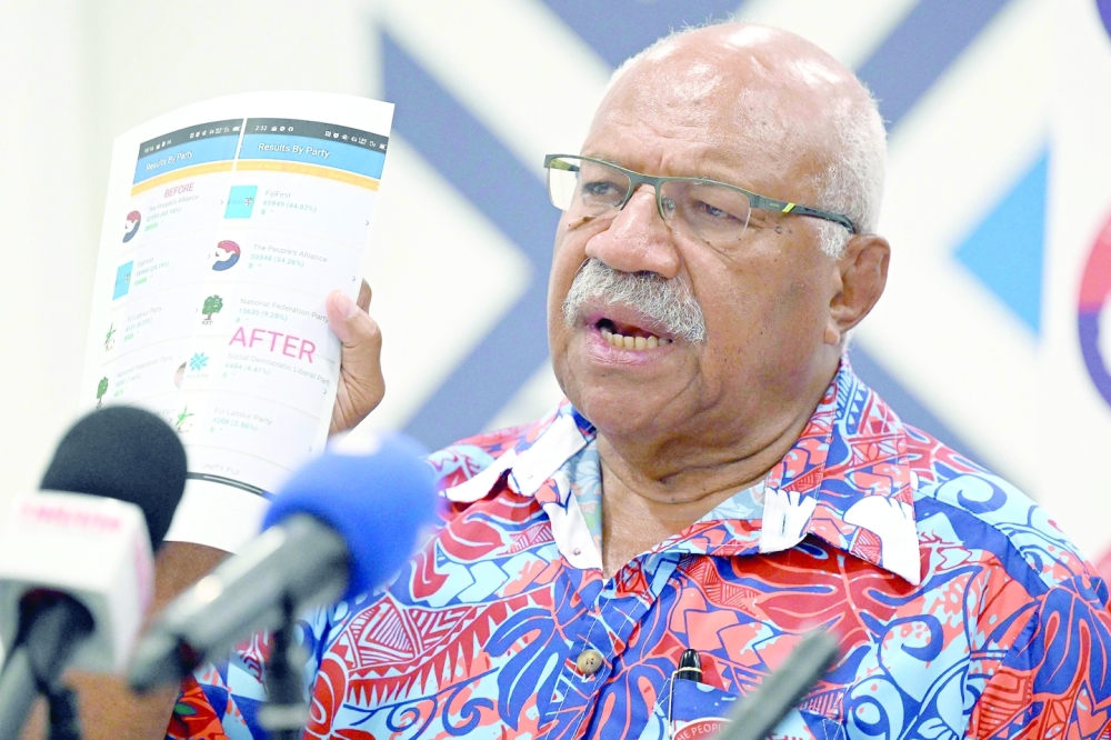 People's Alliance Party leader Rabuka displays documents during a joint press conference of the opposition parties in Suva. - AFP


