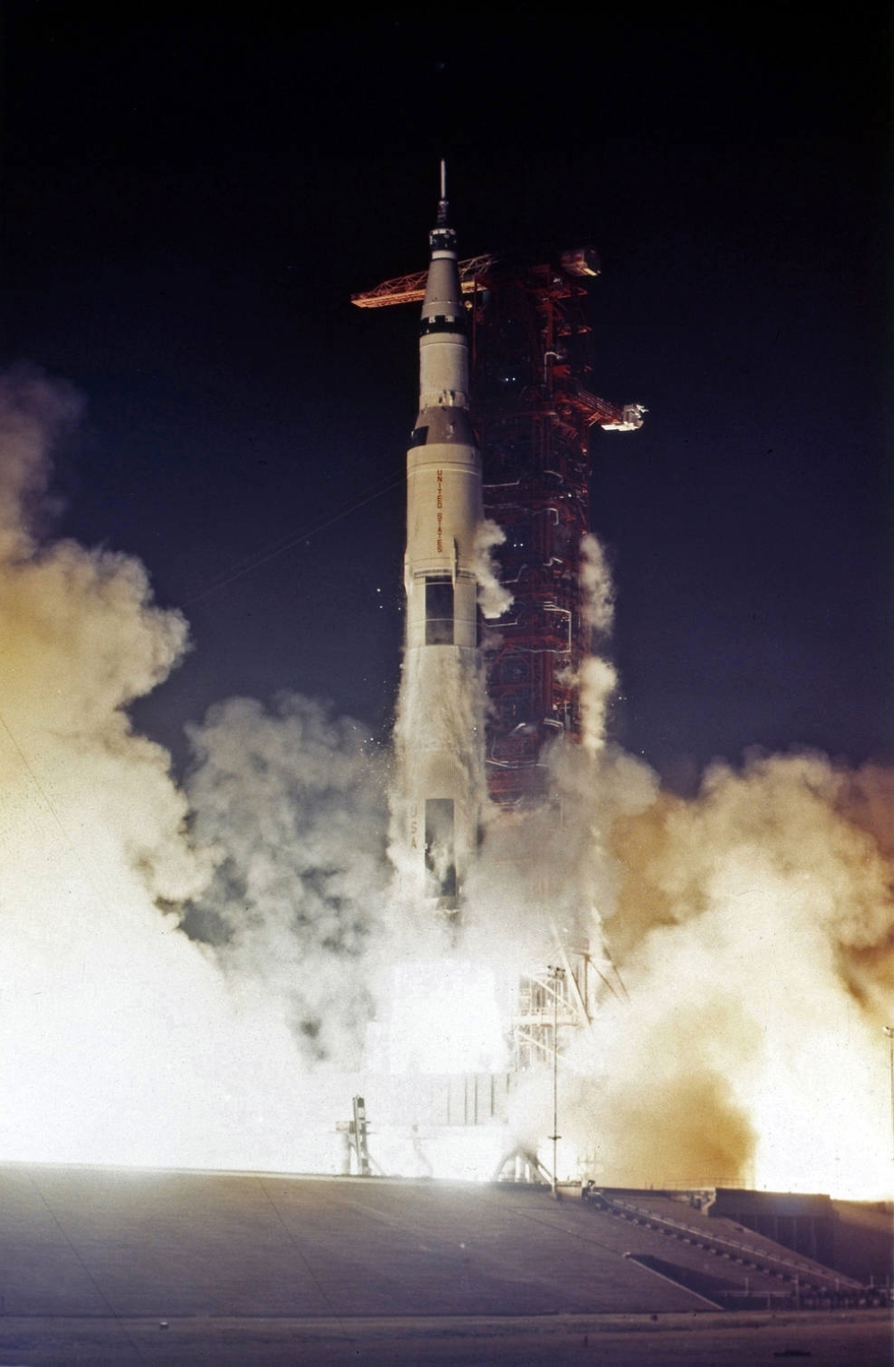 Apollo 17 blasts off from Launchpad 39A at the Kennedy Space Center in Florida on Dec. 7, 1972. (NASA via The New York Times)