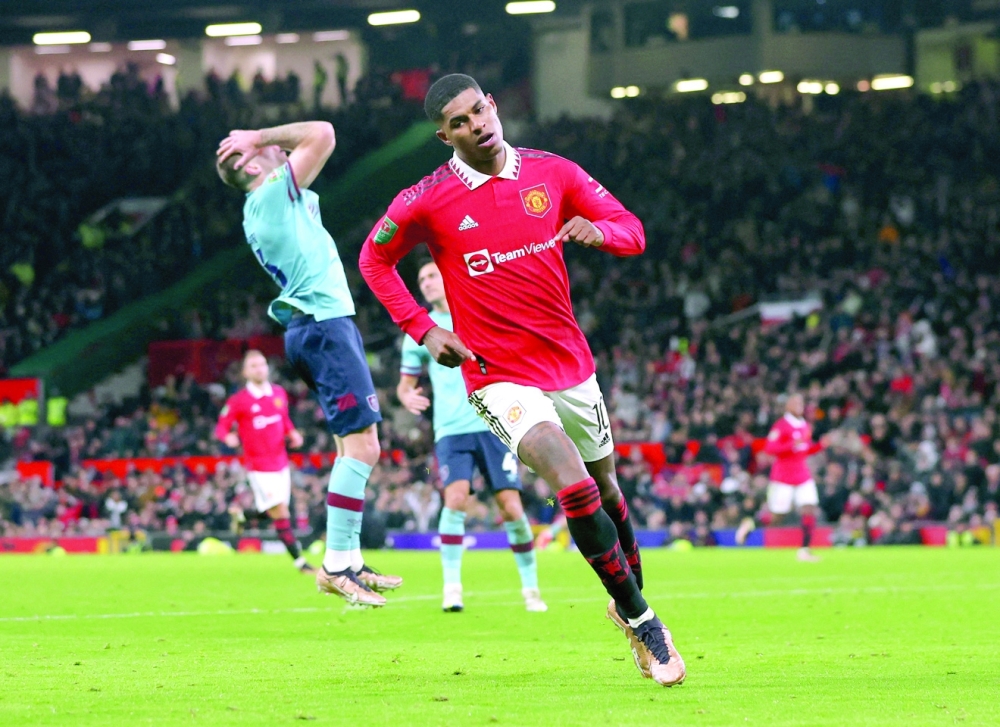 Soccer Football - Carabao Cup - Round of 16 - Manchester United v Burnley - Old Trafford, Manchester, Britain - December 21, 2022 Manchester United's Marcus Rashford celebrates scoring their second goal Action Images via Reuters