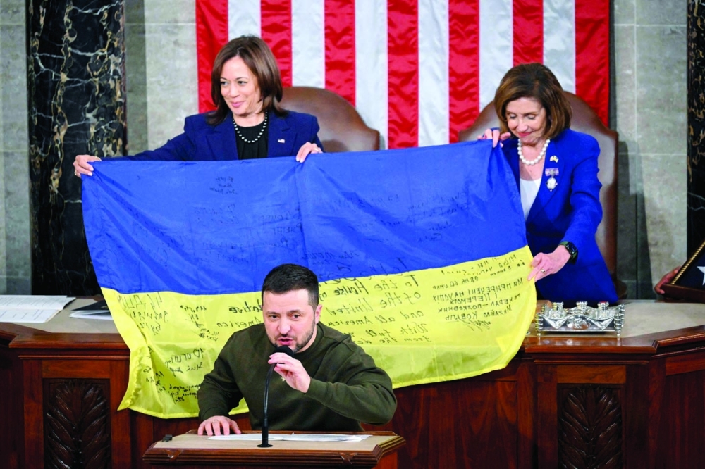 Ukraine's President Volodymyr Zelensky addresses the US Congress at the US Capitol in Washington, DC. -- AFP