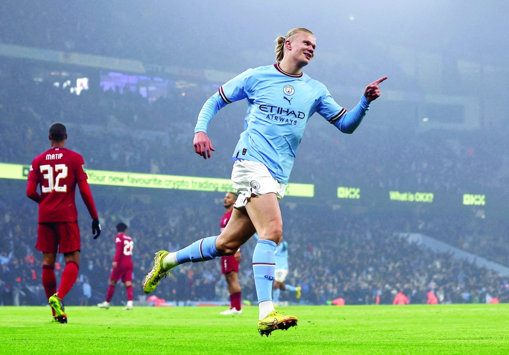 Soccer Football - Carabao Cup - Round of 16 - Manchester City v Liverpool - Etihad Stadium, Manchester, Britain - December 22, 2022 Manchester City's Erling Braut Haaland celebrates scoring their first goal Action Images via Reuters