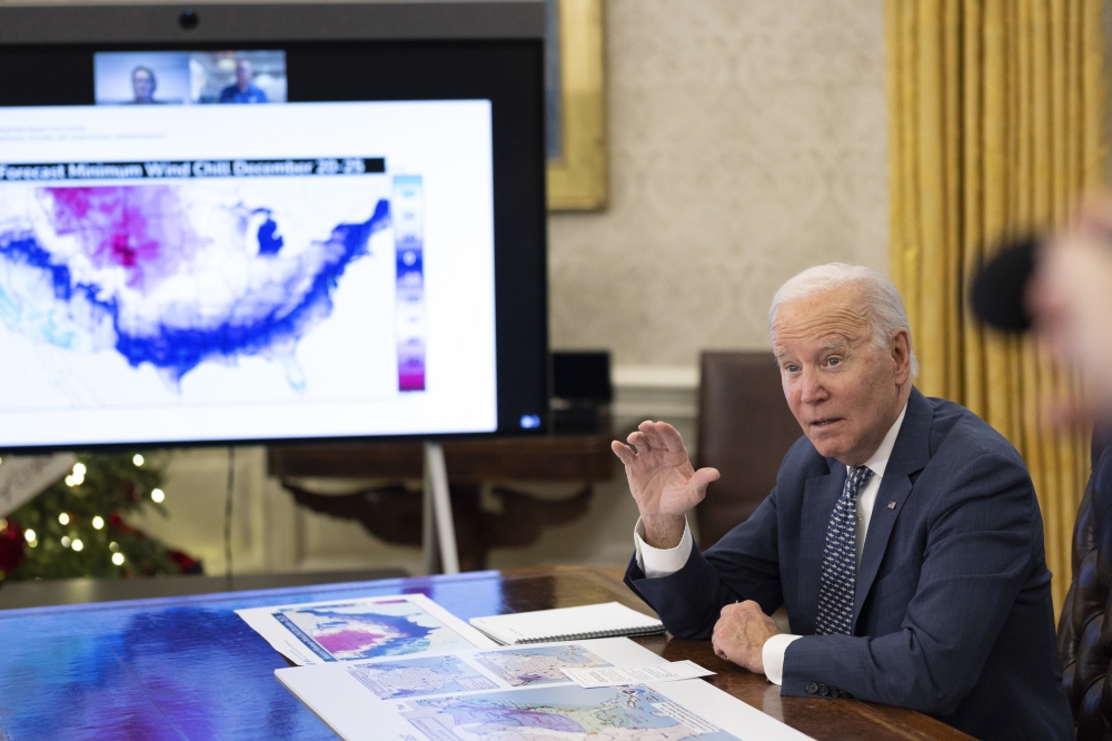 President Joe Biden delivers an update on severe weather at the White House in Washington.
