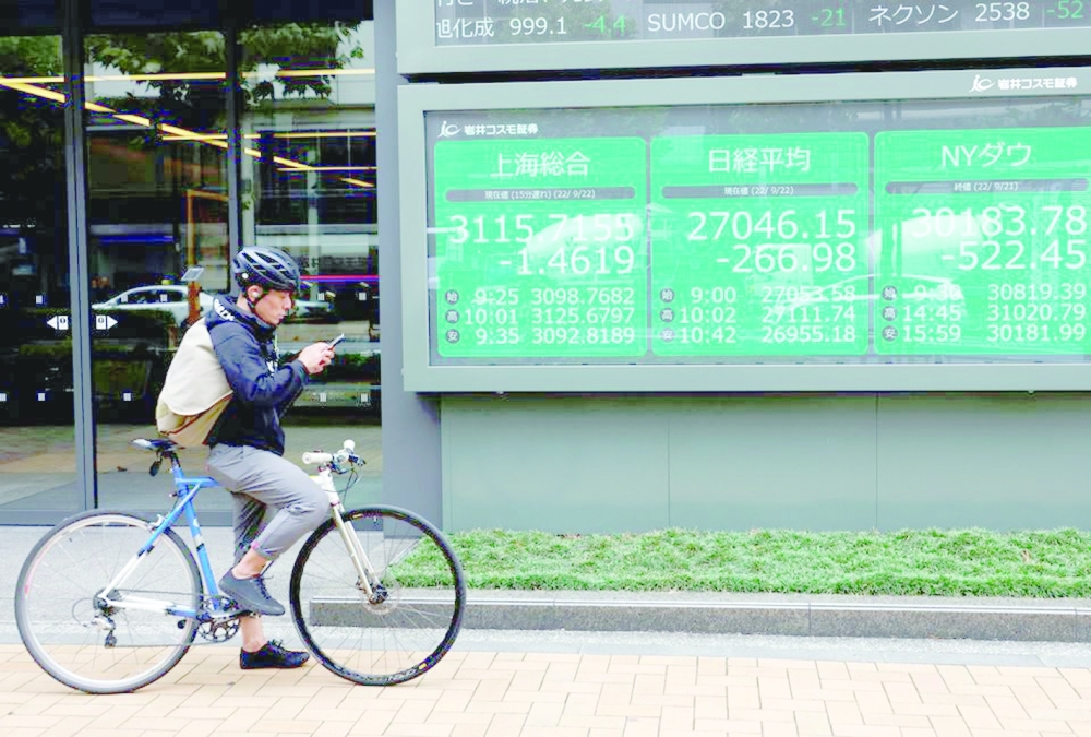 An electronic board showing Shanghai stock index, Nikkei share price index and Dow Jones Industrial Average outside a brokerage in Tokyo. - Reuters
