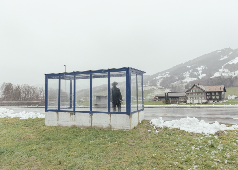 A bus stop in Sattel, Switzerland, where the rain melted what snow had fallen, Jan. 11, 2023. (Andrea Mantovani/The New York Times)
