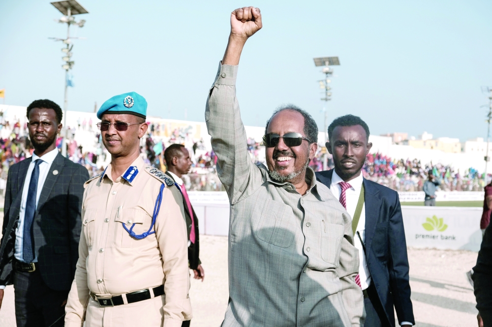Somalia's President Hassan Sheikh Mohamud attends a rally against the Al Shabaab group in Mogadishu. - AFP