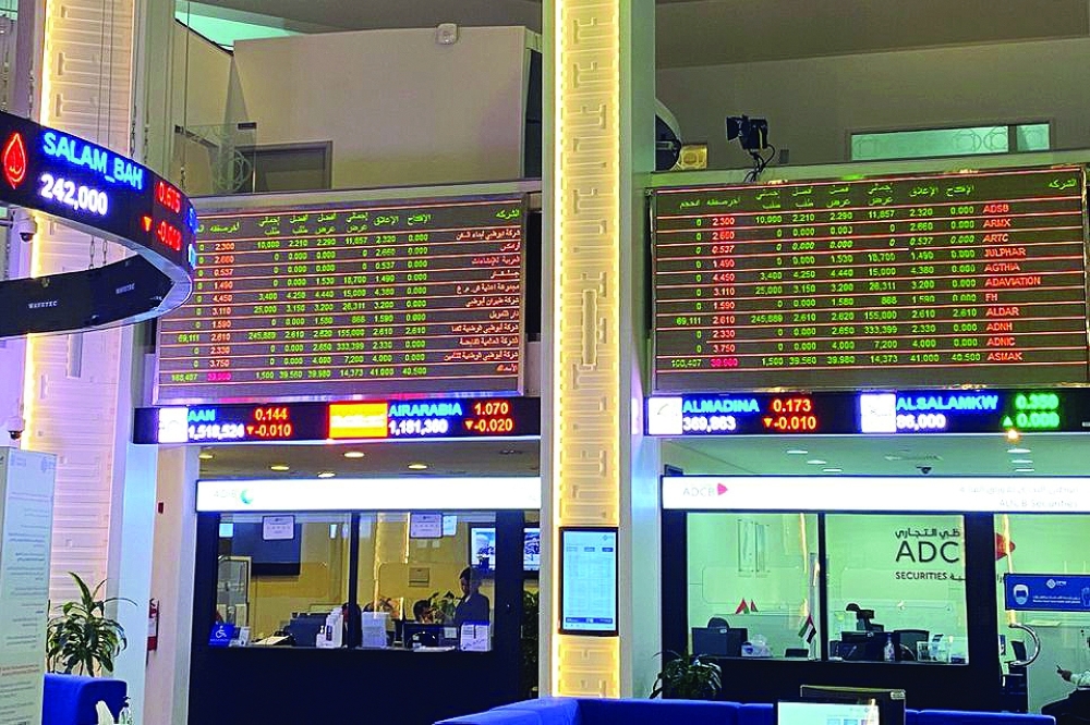 Electronic boards showing stock information are pictured at the stock market in Dubai. Most major stock markets in the Gulf dropped in early trade on Thursday as weak US consumer data sparked recession worries worldwide. -- Reuters