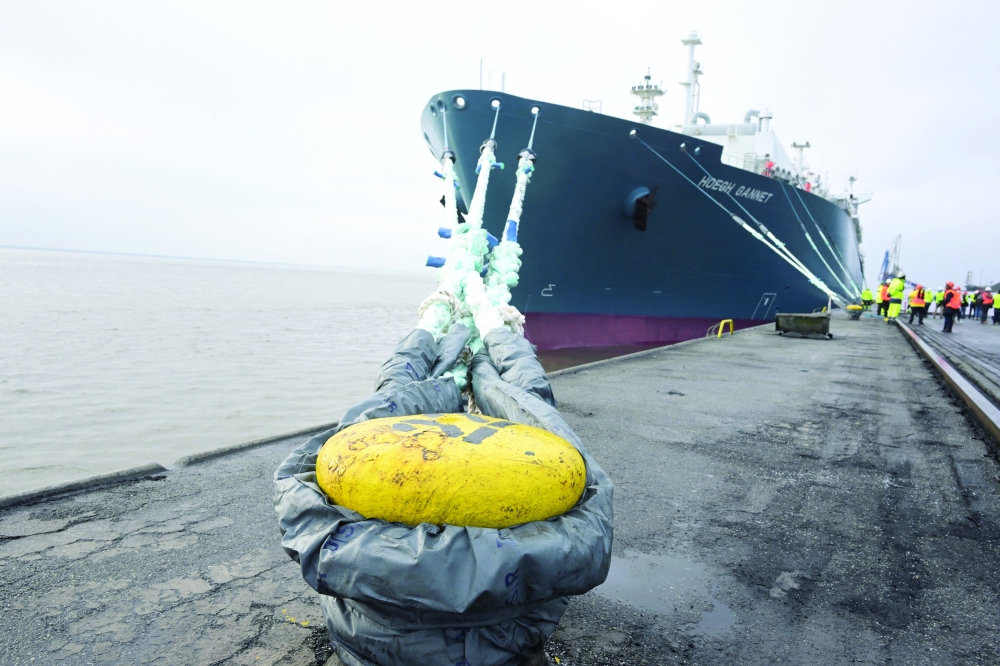 A general view of FSRU (Floating Storage and Regasification Unit) ship 'Hoegh Gannet' in the harbour of Brunsbuettel, Germany. - Reuters
