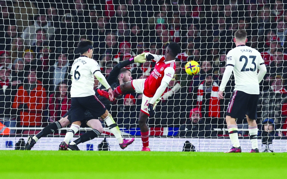 Arsenal's Eddie Nketiah scores their third goal REUTERS