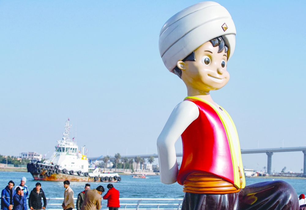 A giant installation of the mascot of the 25th Arabian Gulf Cup football championship is seen along the waterfront of the Shatt al Arab waterway in Basra. -- AFP 