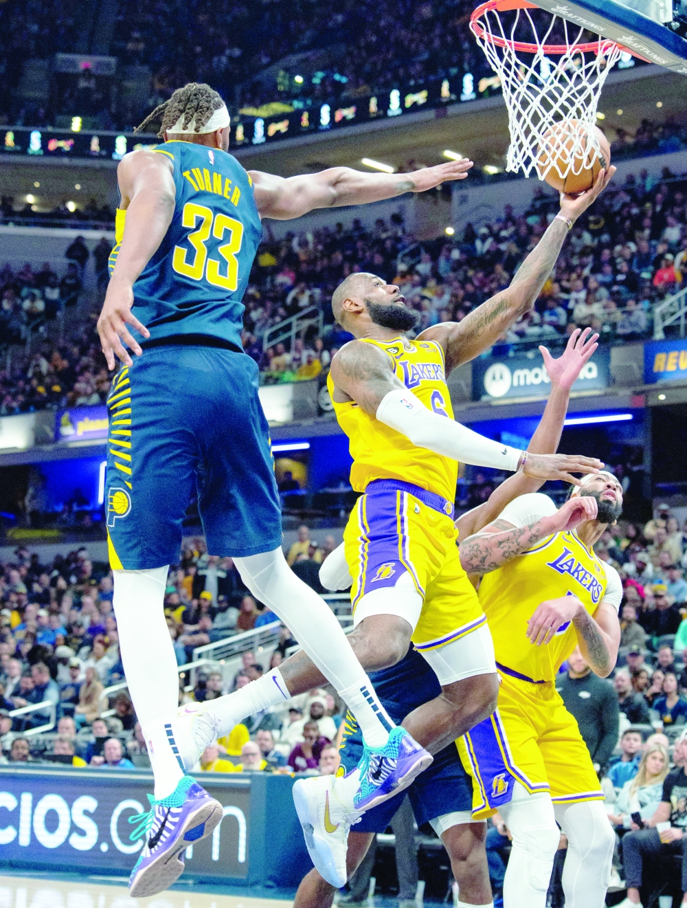 Feb 2, 2023; Indianapolis, Indiana, USA; Los Angeles Lakers forward LeBron James (6) shoots while Indiana Pacers center Myles Turner (33) defends in the second half  at Gainbridge Fieldhouse. Mandatory Credit: Trevor Ruszkowski-USA TODAY Sports
