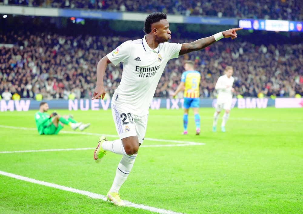 Soccer Football - LaLiga - Real Madrid v Valencia - Santiago Bernabeu, Madrid, Spain - February 2, 2023 Real Madrid's Vinicius Junior celebrates scoring their second goal REUTERS/Juan Medina
