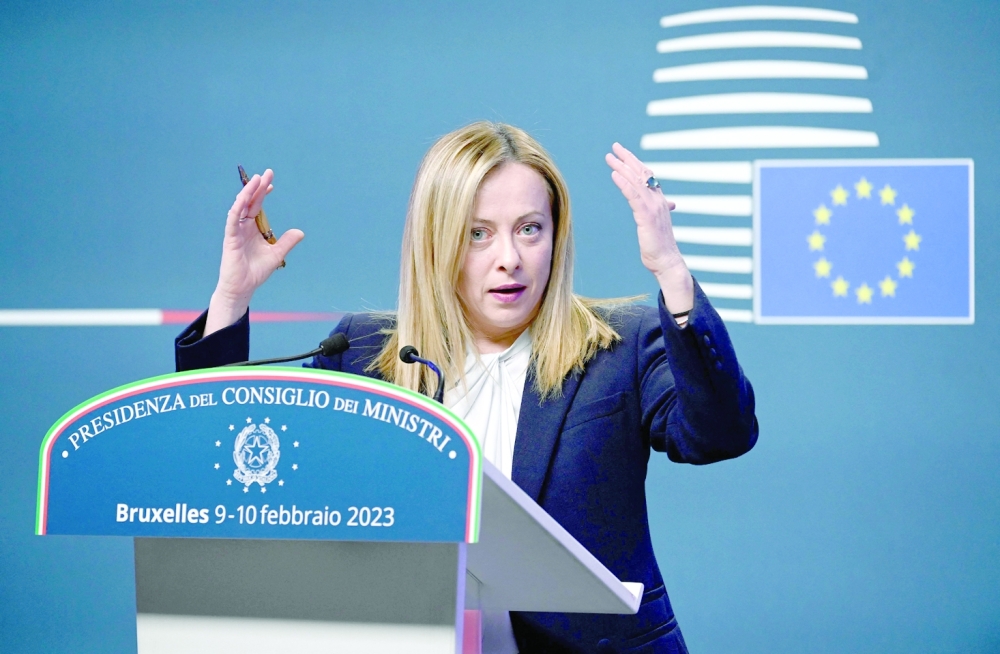 Italy's Prime Minister Giorgia Meloni speaks during a press conference after an extraordinary meeting during a EU Summit at The European Council Building in Brussels. -- AFP