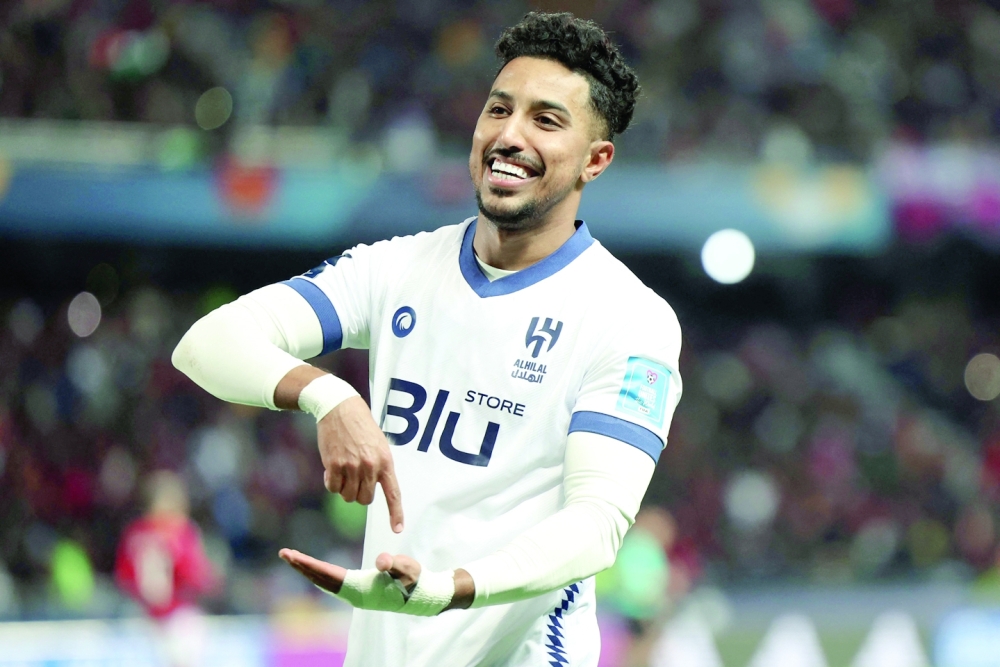 Al Hilal's midfielder Salem al Dawsari celebrates after scoring his team's second goal during the Fifa Club World Cup semifinal football match between Brazil's Flamengo and Saudi Arabia's Al Hilal at the Ibn Batouta Stadium in Tangier on February 7, 2023.  (Photo by FADEL SENNA / AFP)