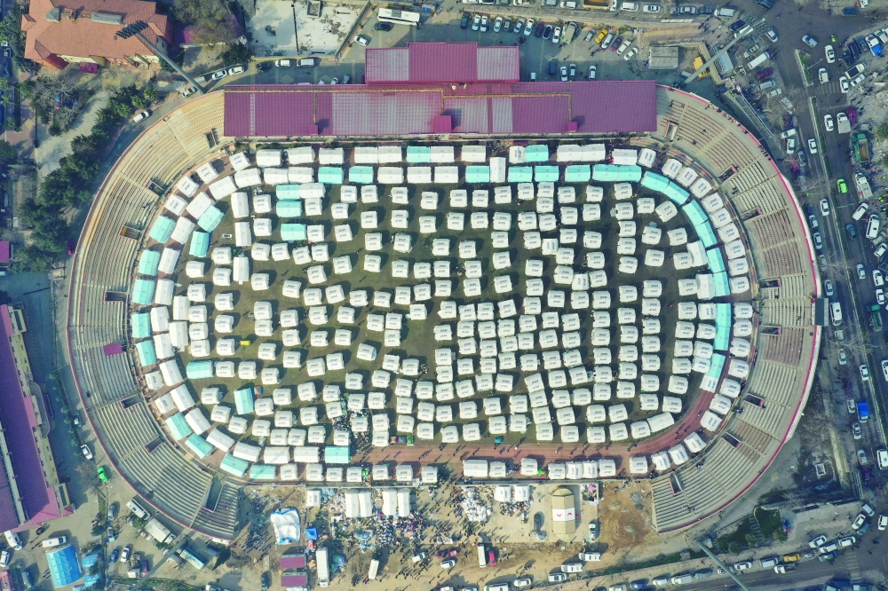Drone footage shows AFAD tents set up in the stadium of Kahramanmaras following the earthquake in Kahramanmaras. -- Reuters