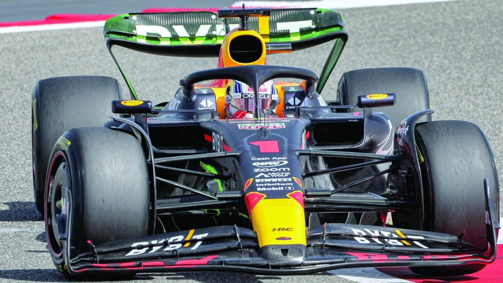 Red Bull Racing's Dutch driver Max Verstappen drives during the first day of Formula One pre-season testing at the Bahrain International Circuit in Sakhir on February 23, 2023.  (Photo by Giuseppe CACACE  / AFP)

