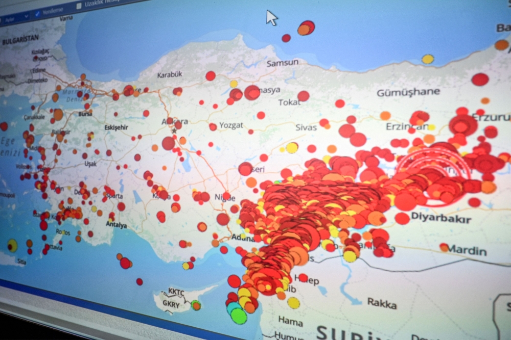 A screen displays latest earthquakes on a map of turkey at the Kandilli Observatory痴 Regional Earthquake-Tsunami Monitoring Center in Istanbul on February 23,2023