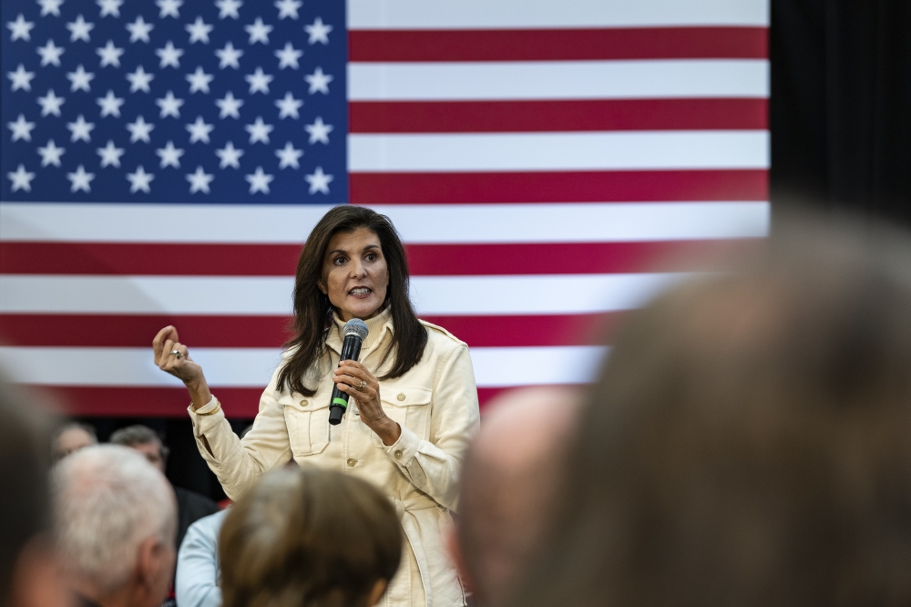 Republican presidential candidate Nikki Haley speaks at a town hall campaign event in Marion, Iowa.
