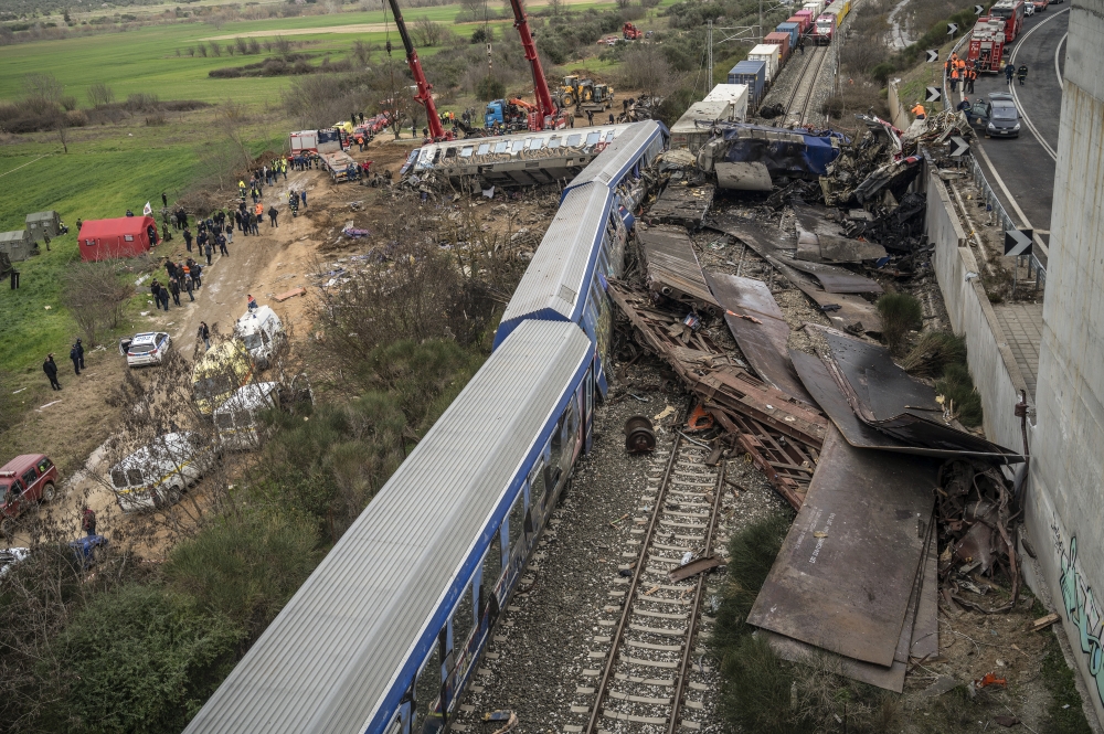 The site of a train crash near the city of Larissa, Greece on Wednesday, March 1, 2023. (Angelos Tzortzinis/The New York Times)