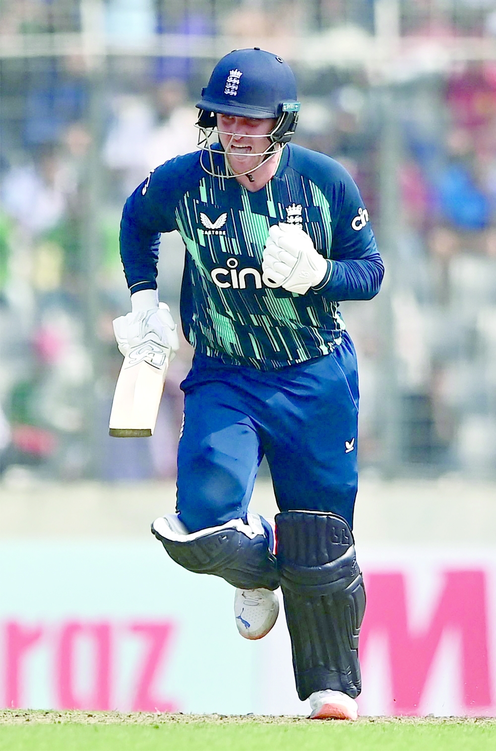 England's Jason Roy reacts after scoring a century (100 runs) during the second international one day cricket match between Bangladesh and England at the Sher-e-Bangla National Cricket Stadium in Dhaka on March 3, 2023. (Photo by Munir uz ZAMAN / AFP)

