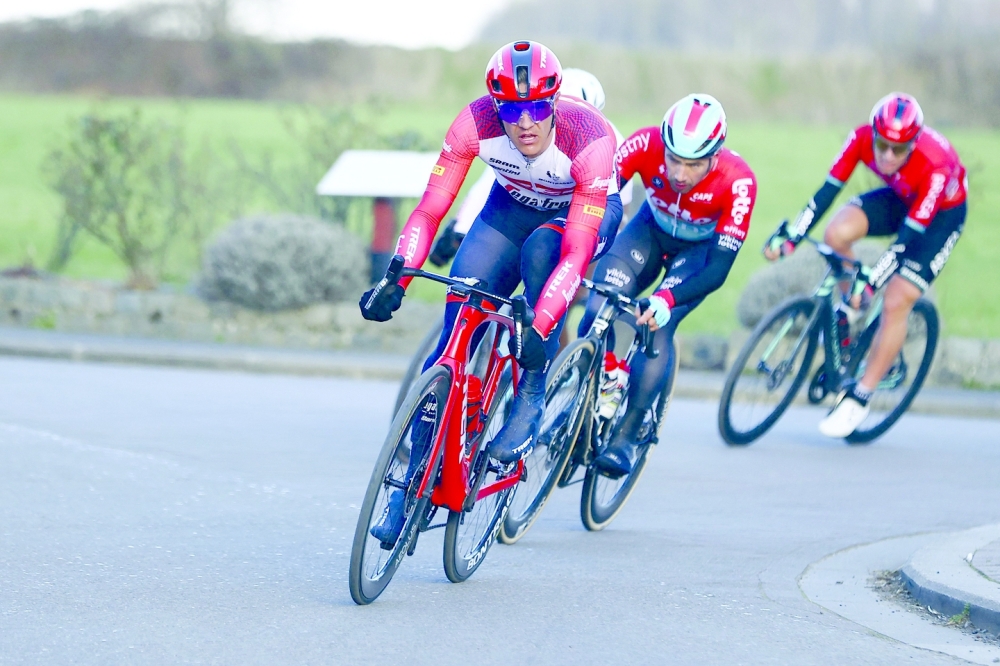 Belgium's Jasper Stuyven of Trek-Segafredo rides  during the Grand Prix du Samyn, a 209km one-day cycling race between Quaregnon and Dour in Belgium, in Dour, on February 28, 2023.  - Belgium OUT
 (Photo by DAVID PINTENS / BELGA / AFP)


