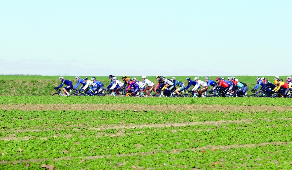 The pack rides during the Grand Prix du Samyn, 209km one-day cycling race between Quaregnon and Dour in Belgium, as part of the Lotto Cycling Cup, in Quaregnon, on February 28, 2023.  - Belgium OUT
 (Photo by DAVID PINTENS / BELGA / AFP)

