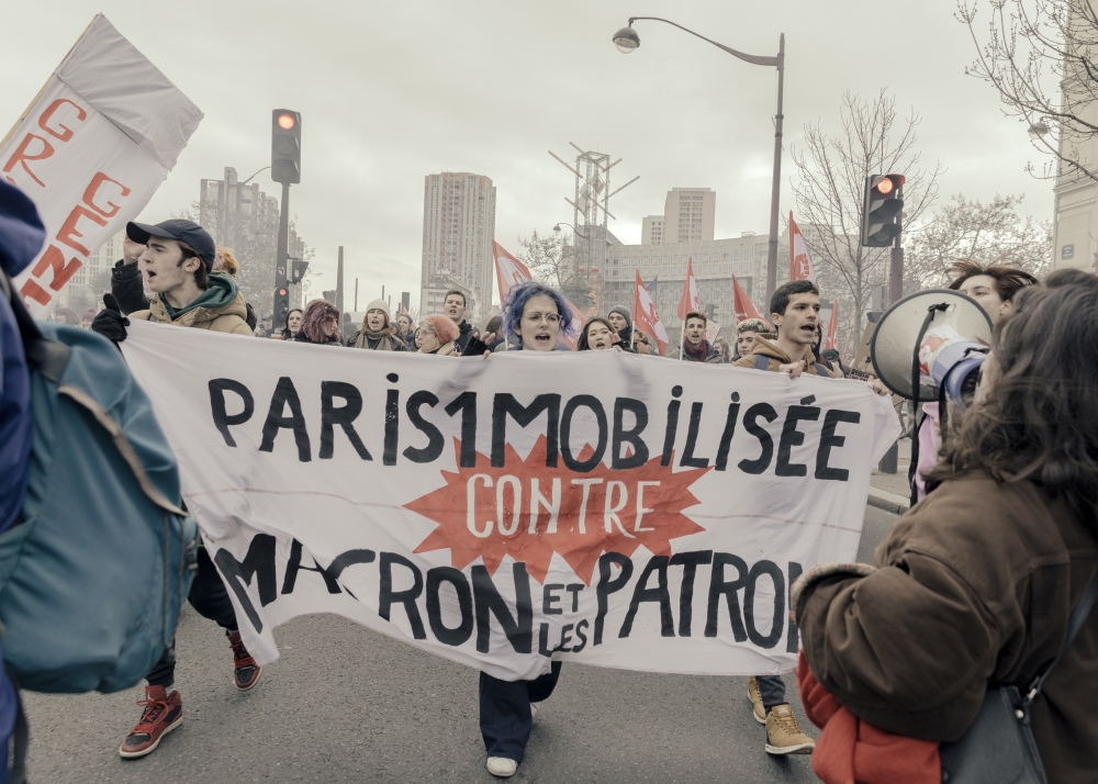 A protest against French President Emmanuel Macron's pension plan at Place d'Italie in Paris, on Jan. 31, 2023.(Andrea Mantovani/The New York Times)