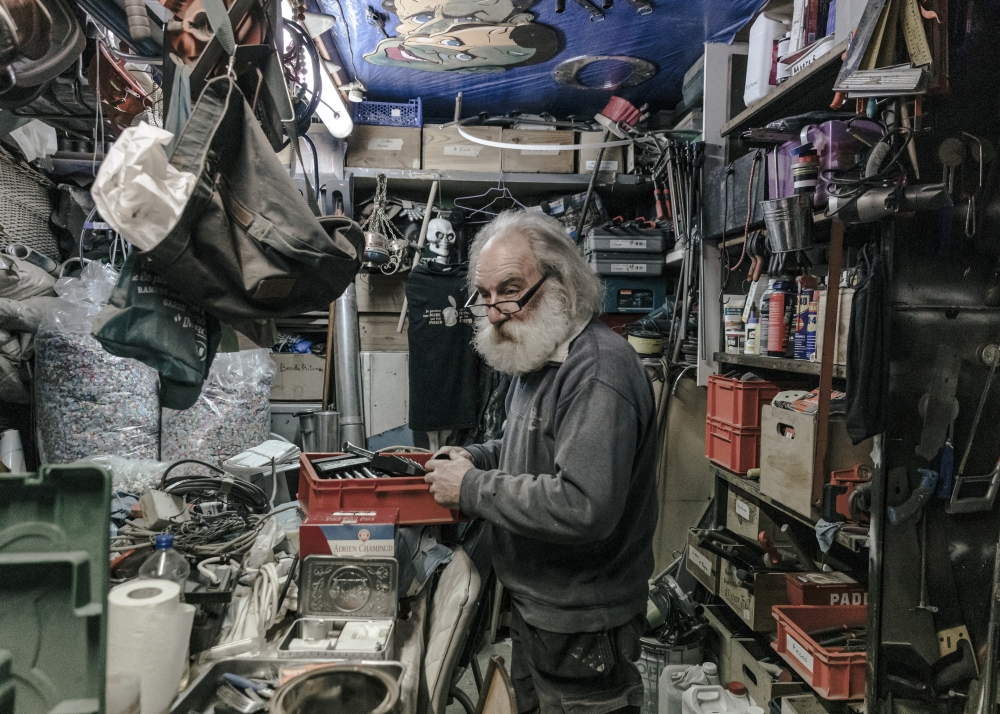 Jean-Pierre Doron, a former metal worker, at his Carnival workshop in Granville, France on Feb. 14, 2023. (Andrea Mantovani/The New York Times)
