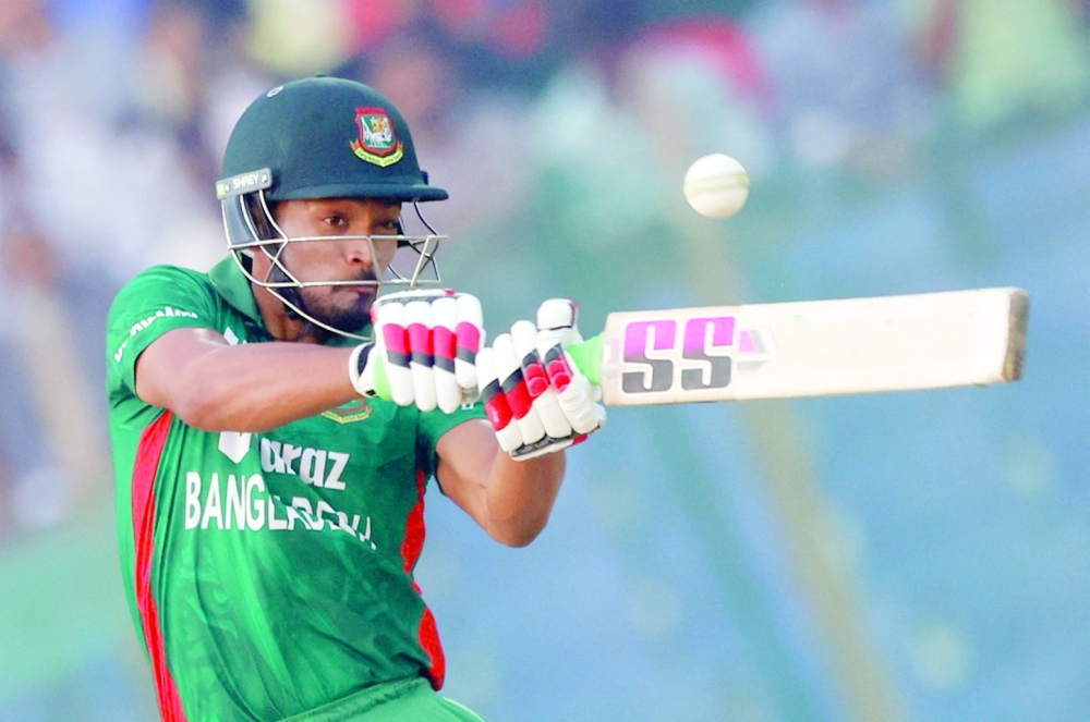 Cricket - First Twenty20 - Bangladesh v England - ZAC Stadium, Chattogram, Bangladesh - March 9, 2023 Bangladesh's Najmul Hossain Shanto in action REUTERS/Adnan Abidi
