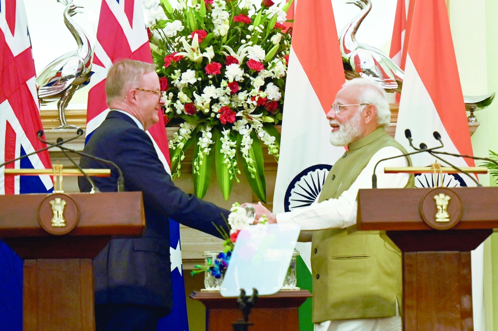Indian Prime Minister Narendra Modi with Australia's Prime Minister Anthony Albanese during a joint media briefing at Hyderabad House in New Delhi. - AFP


