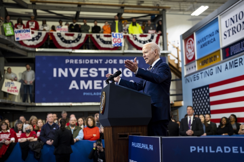 President Joe Biden speaks about his 2024 proposed budget at the Finishing Trades Institute, in Philadelphia on Thursday, March 9, 2023. (Doug Mills/The New York Times)