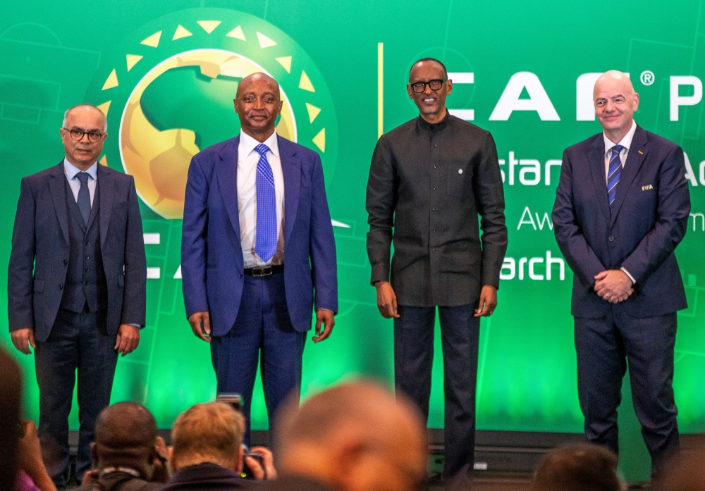 Chakib Benmoussa, Morocco's minister of national education, preschool, and the sport of the Kingdom of Morocco, President of the African Football Confederation, Patrice Motsepe, Rwanda's President Paul Kagame, and FIFA president Gianni Infantino 