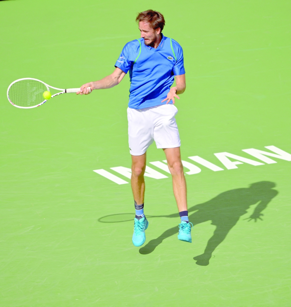 Mar 15, 2023; Indian Wells, CA, USA;  Daniil Medvedev (RUS) hits a shot as he defeated Alejandro Davidovich Fokina (ESP) in the quarterfinals of the BNP Paribas Open at the Indian Wells Tennis Garden. Mandatory Credit: Jayne Kamin-Oncea-USA TODAY Sports
