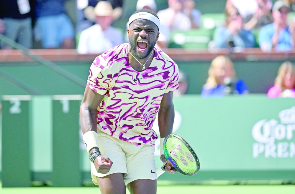 Mar 15, 2023; Indian Wells, CA, USA;  Francis Tiafoe (USA) celebrates after defeating Cameron Norrie (GBR) in the quarterfinals of the BNP Paribas Open at the Indian Wells Tennis Garden. Mandatory Credit: Jayne Kamin-Oncea-USA TODAY Sports
