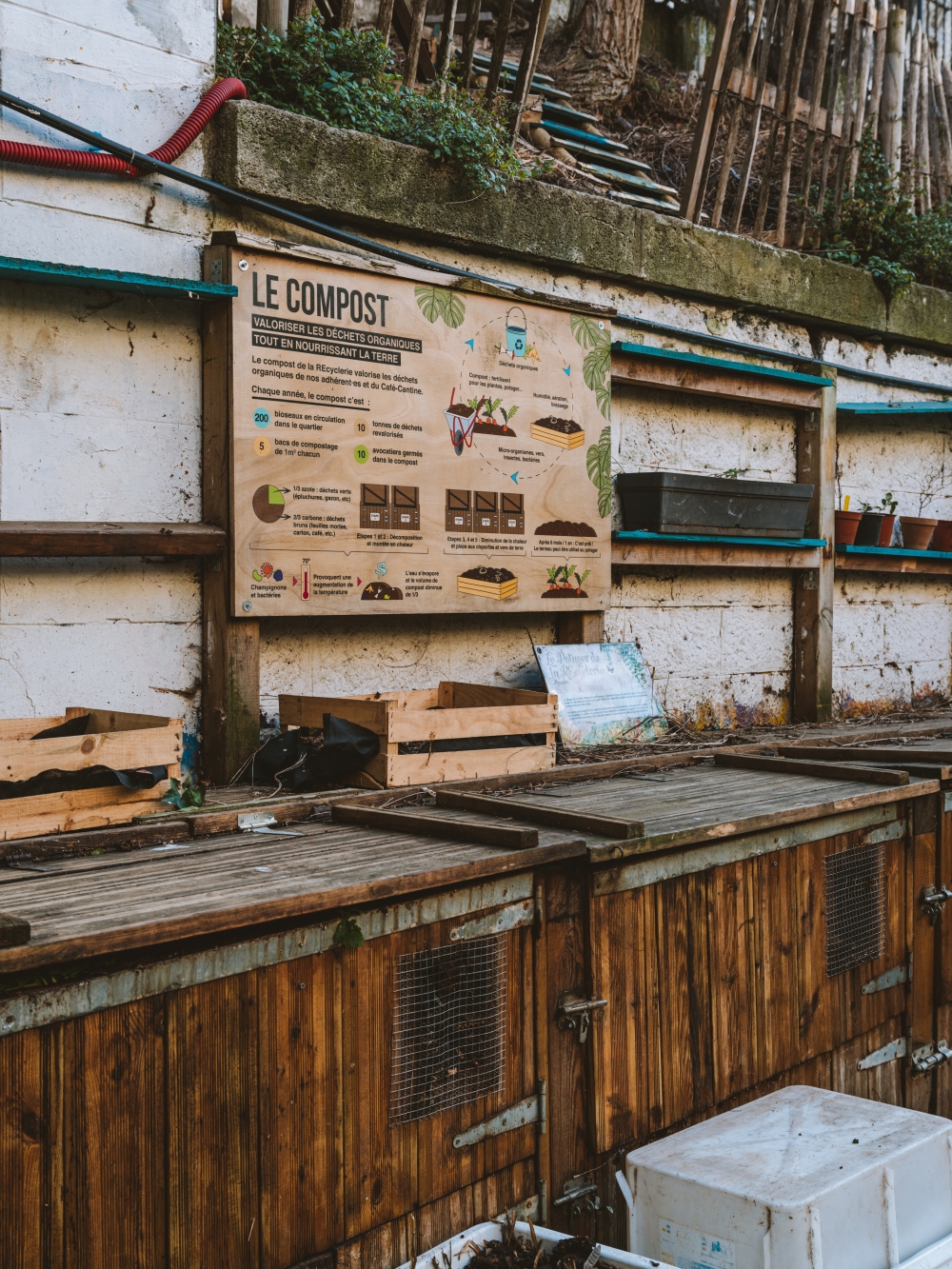 A compost station at La Recyclerie, which transformed a former train station into a space that includes an urban farm, a recycling center and education and community centers, in Paris, March 1, 2023. (Joann Pai/The New York Times)