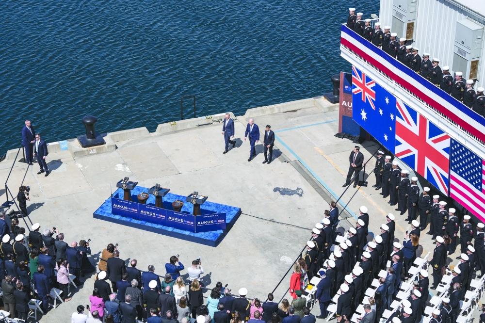 From left, Australian Prime Minister Anthony Albanese, President Joe Biden and UK Prime Minister Rishi Sunak prepare to deliver remarks at the Point Loma naval base in San Diego last week.