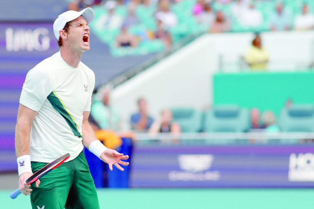 Mar 22, 2023; Miami, Florida, US; Andy Murray (GBR) reacts after missing a shot against Dusan Lajovic (SRB) (not pictured) on day three of the Miami Open at Hard Rock Stadium. Mandatory Credit: Geoff Burke-USA TODAY Sports
