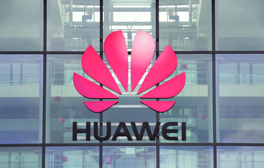 Huawei logo pictured on its headquarters building in Reading, Britain. 
