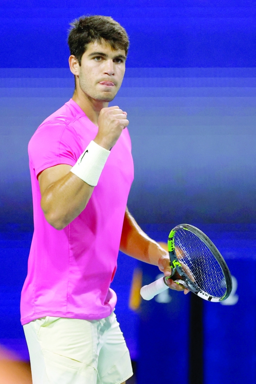 Carlos Alcaraz (ESP) reacts after winning a point against Taylor Fritz (USA) (not pictured) in a men's singles quarterfinal on day eleven of the Miami Open at Hard Rock Stadium. -- USA TODAY Sports
