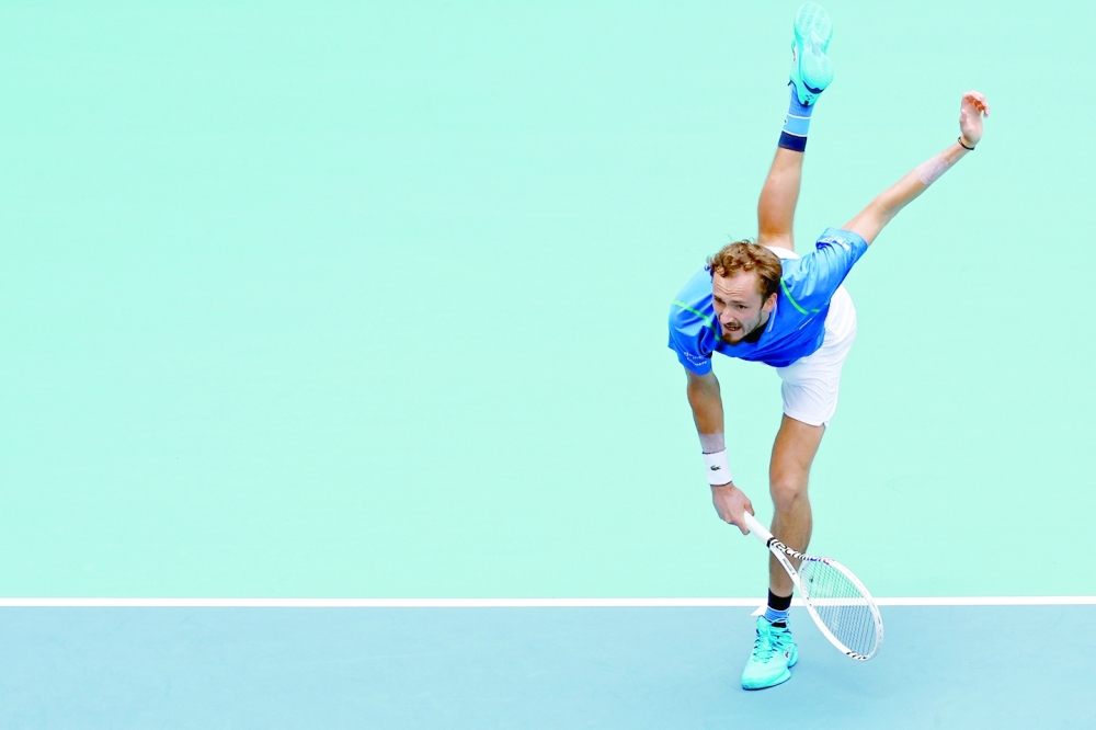 Daniil Medvedev serves against Christopher Eubanks (USA) (not pictured) in a men's singles quarterfinal in the Miami Open at Hard Rock Stadium. -- USA TODAY Sports
