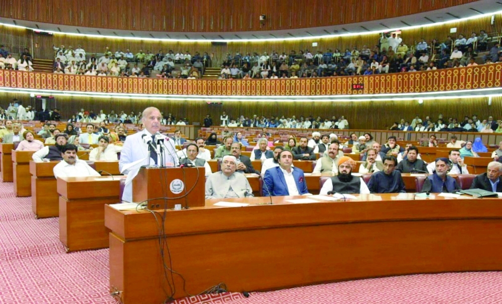 Pakistan's prime minister Shehbaz Sharif speaks at the national assembly, in Islamabad. File Photo of Reuters 
