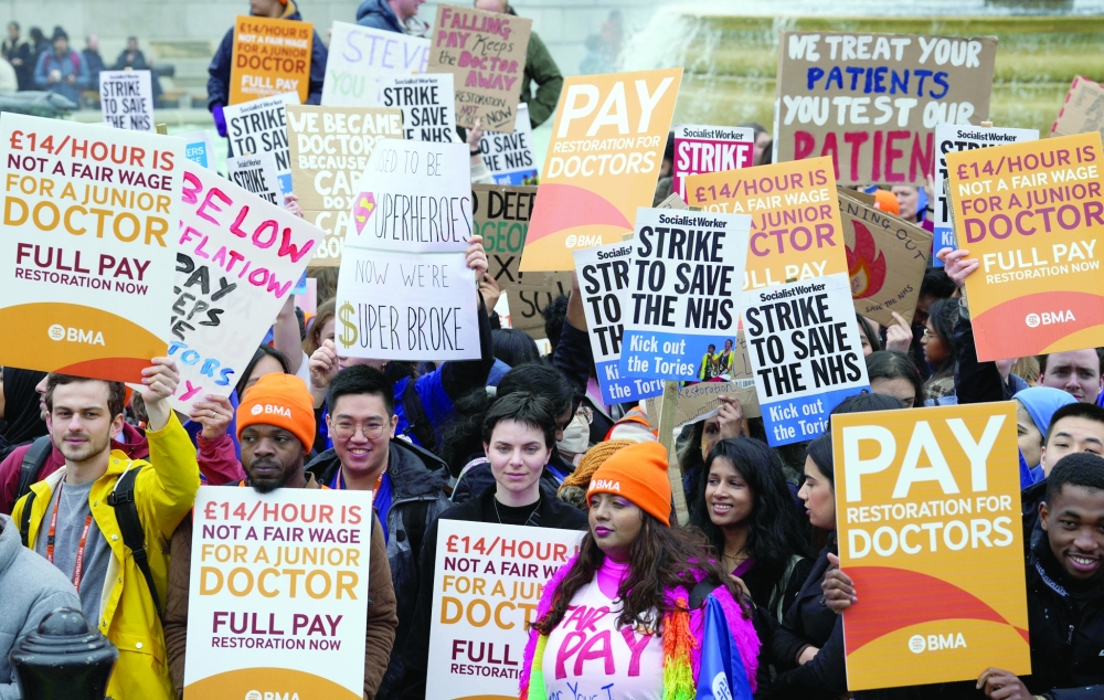 Junior doctors during a strike amid a dispute with the government over pay in London. -- Reuters