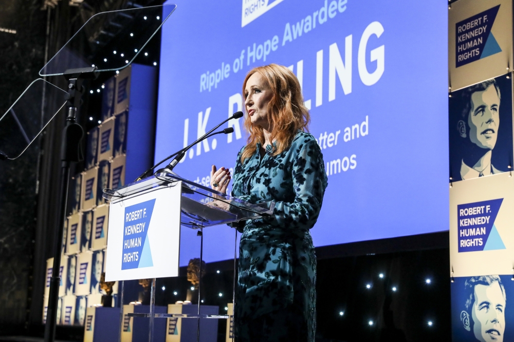The author J.K. Rowling speaks at the Robert F. Kennedy Human Rights' Ripple of Hope Awards in New York, Dec. 12, 2019. (Krista Schlueter/The New York Times)