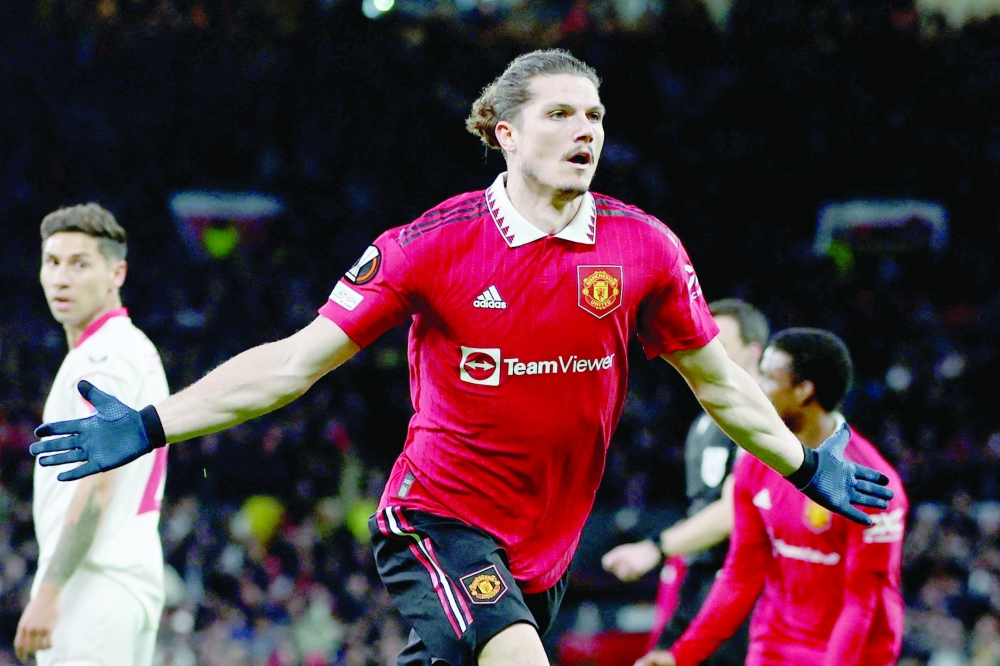 Manchester United's Marcel Sabitzer celebrates scoring their second goal Action Images via Reuters