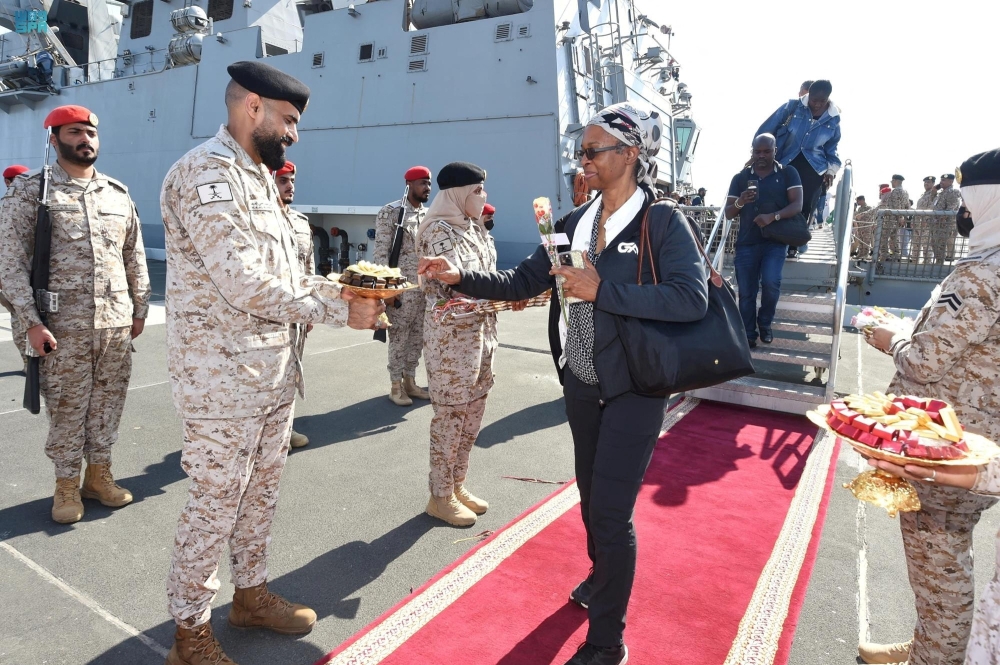 Citizens of Saudi Arabia and people from other nationalities are welcomed by Saudi Royal Navy officials as they arrive at Jeddah Sea Port after being evacuated through Saudi Navy Ship from Sudan to escape the conflicts, Jeddah, Saudi Arabia,